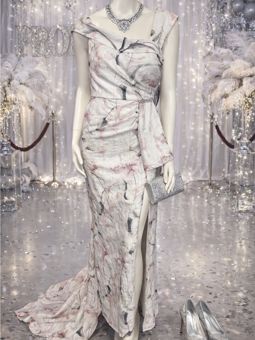 Elegant White & Blush Floral Evening Gown